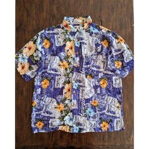 Vintage M.E. Sport Men's Shirt Large Purple Blue Hawaiian Print Camp Tropical